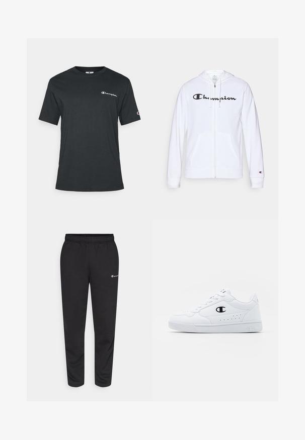 Hvit zip-up hettegenser laget av myk stoff, med en svart "Champion" logo på brystet, kengurulommer og ribbede mansjetter.; Svart bomulls t-skjorte med korte ermer, rund hals, prydet med en hvit "Champion"-logo på brystet og en liten logo på ermet.;  svarte sweatpants laget av en bomullsblanding, med elastisk midjebånd og en liten hvit logo på venstre side. Tapered ben design.; Hvite atletiske joggesko med en glatt syntetisk overdel, svart logo-akcent og perforerte detaljer på siden. Gummisåle.