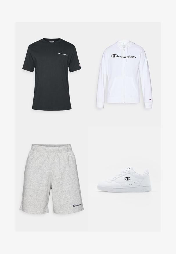 Bijela zip-up dukserica izrađena od mekog materijala, s crnim "Champion" logotipom na prsima, kengur džepovima i rebrastim manžetama.; Crna pamučna majica s kratkim rukavima, okruglog vrata, s bijelim "Champion" logotipom na prsima i malim logotipom na rukavu.; Šortsevi od sivog džersija s elastičnom gumom u struku i mornarsko plavim "Champion" logotipom na donjoj lijevoj strani.; Bijele atletske tenisice s glatkim sintetičkim gornjištem, crnim logotipom i perforiranim detaljima sa strane. Guma potplat.