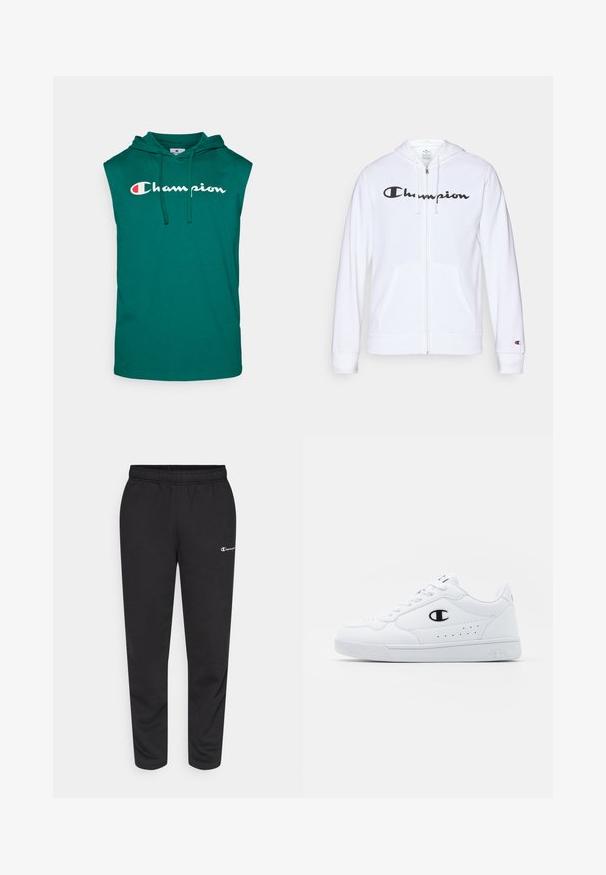 Biela zipsová mikina vyrobená z mäkkej tkaniny, s čiernym logom "Champion" na hrudi, klokankovými vreckami a rebrovanými manžetami.; Tyrkysová bezrukávová mikina vyrobená z bavlny, so prednou kapsou a šnúrkou. Slovo "Champion" je zobrazené v bielej farbe na hrudi.; Čierne tepláky vyrobené z bavlneného zmesi, s elastickým pásom a malým bielym logom na ľavej strane. Zúžený strih nohavíc.; Biele športové tenisky s hladkým syntetickým zvrškom, čiernym logom a perforovanými detailmi na boku. Gumová podošva.
