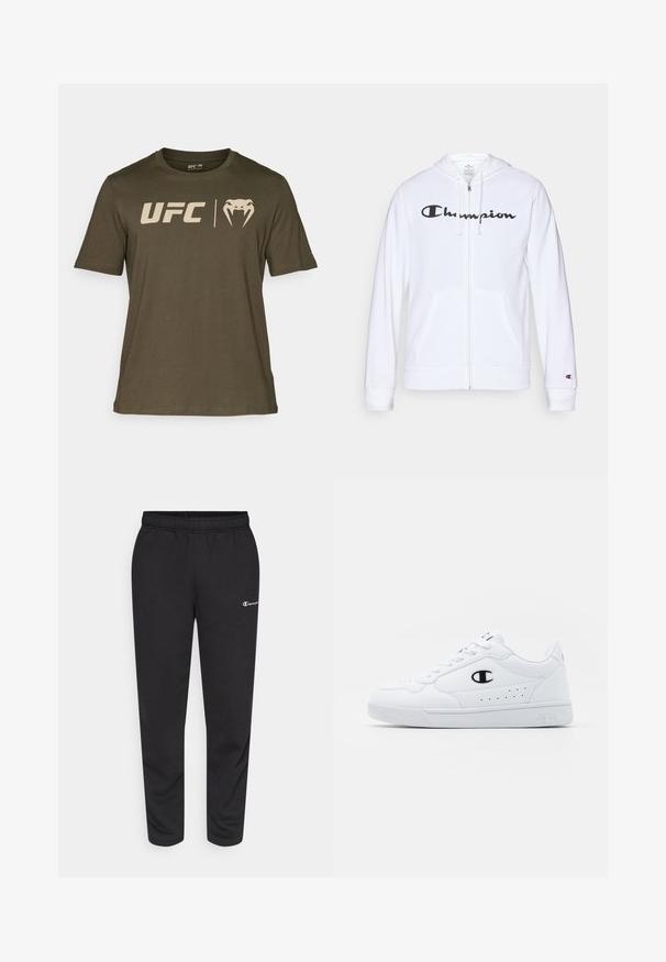 Hvid zip-hoodie lavet af blødt stof, med et sort "Champion" logo på brystet, kængurulommer og ribbede manchetter.; Olivengrøn t-shirt lavet af bomuld, med UFC-logoet og en slangegrafik i lyse beige. Rund hals og korte ærmer.; Sorte svedbukser lavet af en bomuldsblanding, med elastisk talje og et lille hvidt logo på venstre side. Bukserne har en tapered bendesign.; Hvide atletiske sneakers med en glat syntetisk overdel, sort logoaccent og perforerede detaljer på siden. Gummisål.
