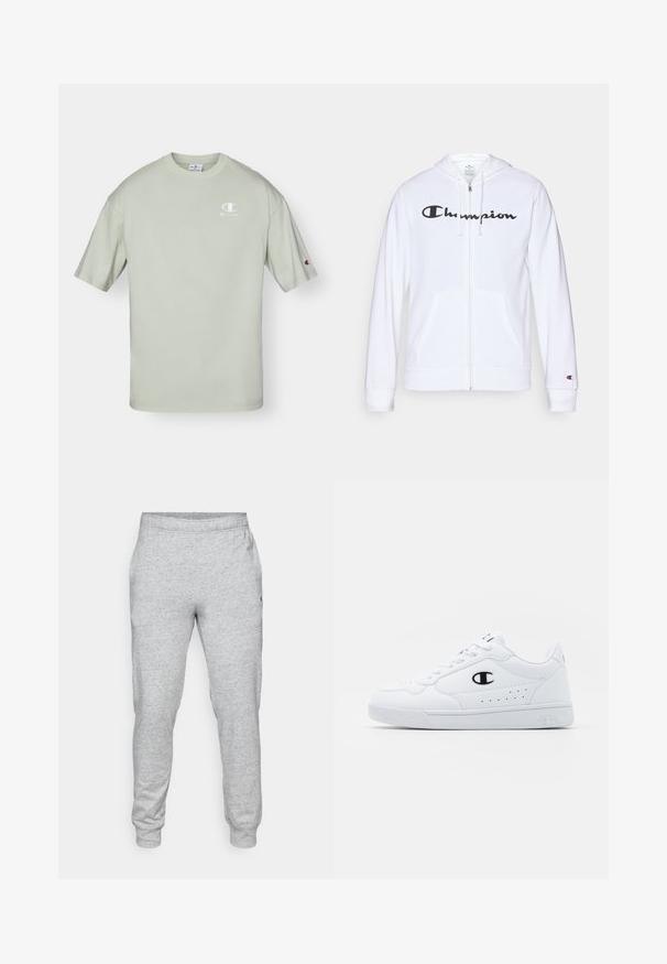 Felpa bianca con zip realizzata in tessuto morbido, con un logo "Champion" nero sul petto, tasche a kangaroo e polsini a costine.; T-shirt in cotone verde chiaro con scollatura rotonda, maniche corte e un piccolo logo bianco sul petto con un accento del logo sulla manica.; Pantaloni sportivi grigi realizzati in materiale morbido e testurizzato, con una vita elasticizzata e gambe affusolate, dotati di un piccolo logo sul lato.; Sneakers atletici bianchi con pelle sintetica liscia, accento del logo nero e dettagli perforati sul lato. Suola in gomma.