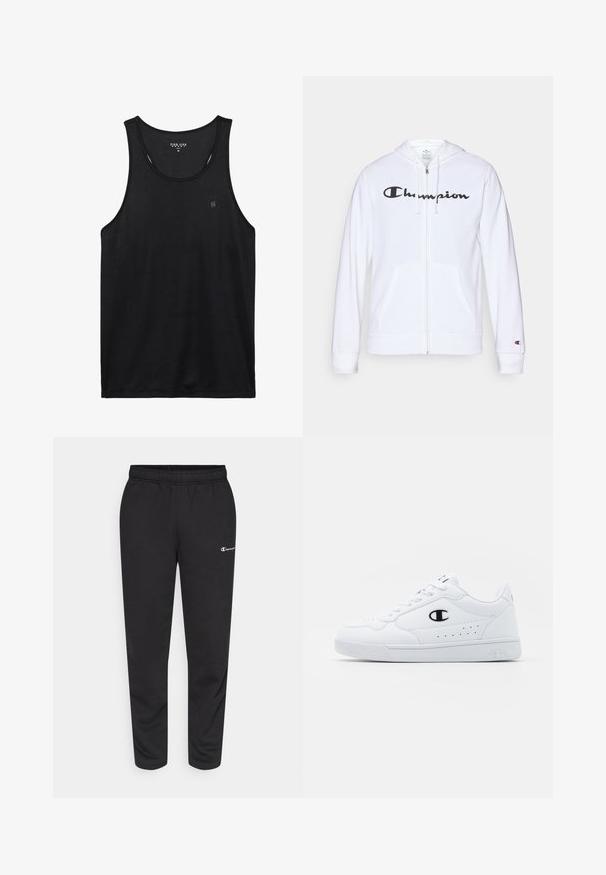 Fehér zipzáros kapucnis felső, puha anyagból készült, fekete "Champion" logóval a mellkasán, kenguruzsebekkel és bordás mandzsettákkal.; Fekete ujjatlan felső kerek nyakkal. Puha anyagból készült, bal mellkasi részen egy kis logóval és tiszta varrással rendelkezik.; Fekete pamutkeverék melegítőnadrág, rugalmas derékkal és egy kis fehér logóval a bal oldalon. Felhúzott lábujjakkal rendelkező fazon.; Fehér sportcipők sima, szintetikus felsőrésszel, fekete logóval és perforált részletekkel az oldalon. Gumi talp.