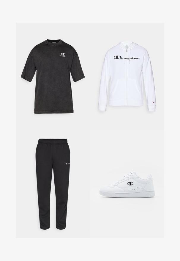 Bílá mikina na zip vyrobená z měkké tkaniny, s černým logem "Champion" na hrudi, kapsami ve tvaru klokaní kapsy a žebrovanými manžetami.; Černé bavlněné tričko s krátkým rukávem, kulatým výstřihem, opotřebovanou strukturou a vyšitou nášivkou v levém horním rohu.; Černé tepláky vyrobené z bavlněné směsi, s elastickým pasem a malým bílým logem na levé straně. Design se zúženými nohavicemi.; Bílé sportovní tenisky s hladkým syntetickým svrškem, černým logem a perforovanými detaily po stranách. Gumová podrážka.