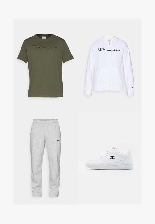 Hvit zip-up hettegenser laget av myk stoff, med en svart "Champion" logo på brystet, kengurulommer og ribbede mansjetter.; Champion ICONS TONAL CREWNECK WITH LARGE LOGO - T-shirts med print - dark green; Grå sweatpants laget av bomullsblanding, med elastisk midjebånd og en liten brodert logo i marineblått på venstre ben.; Hvite atletiske joggesko med en glatt syntetisk overdel, svart logo-akcent og perforerte detaljer på siden. Gummisåle.