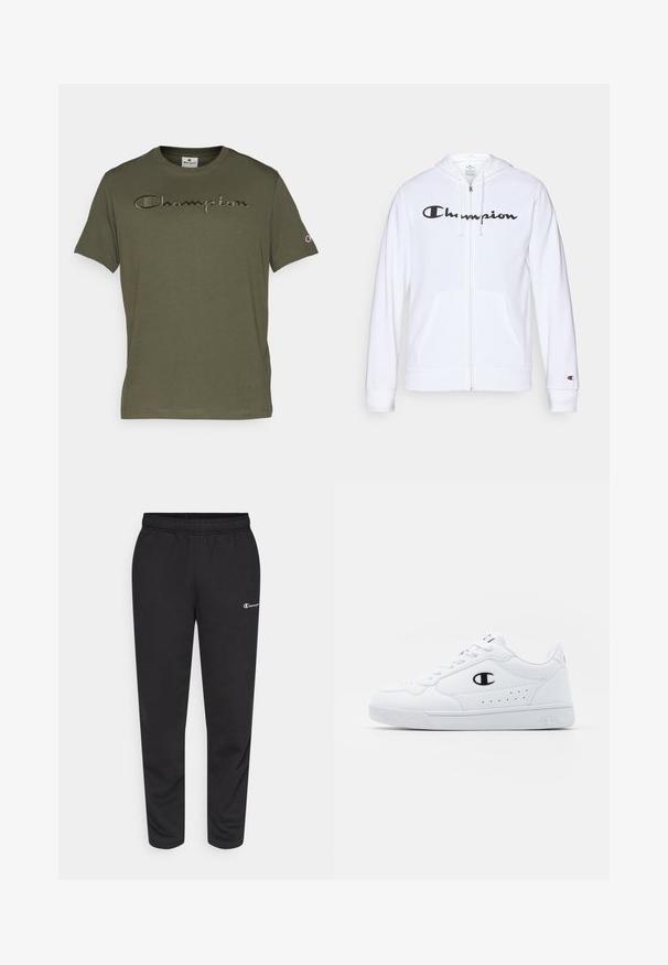 Felpa bianca con zip realizzata in tessuto morbido, con un logo "Champion" nero sul petto, tasche a kangaroo e polsini a costine.; Champion ICONS TONAL CREWNECK WITH LARGE LOGO - T-shirt con stampa - dark green; Pantaloni della tuta neri in misto cotone, con vita elastica e un piccolo logo bianco sul lato sinistro. Design con gamba affusolata.; Sneakers atletici bianchi con pelle sintetica liscia, accento del logo nero e dettagli perforati sul lato. Suola in gomma.