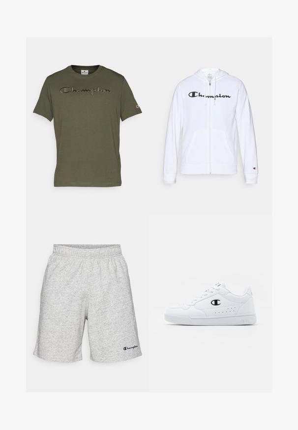 Witte zip-up hoodie van zachte stof, met een zwart "Champion" logo op de borst, kangoeroe zakken en geribbelde manchetten.; Champion ICONS TONAL WITH BIG LOGO - T-shirt print - dark green; Grijze jersey materiaal shorts met een elastische tailleband en een marineblauw "Champion" logo op de linkeronderkant.; Witte sportschoenen met een glad bovenwerk van synthetisch materiaal, zwarte logoaccenten en geperforeerde details aan de zijkant. Rubberen zool.