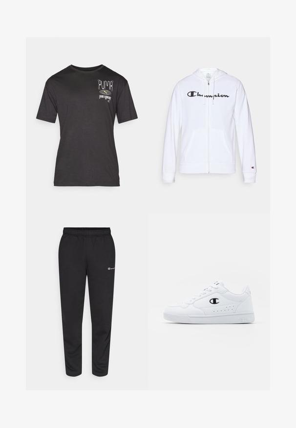 Valge tõmbluku eest avanev kapuutsiga pusa, mis on valmistatud pehmest kangast. Ees on must "Champion" logo, taskud on nagu känguru taskud ja varrukaotsad on soonilised.; Must musta lühikeste varrukatega T-särk, mis on valmistatud puuvillast. Kleidil on vasakul rinnal valge ja neoonkollane graafika ning ümmargune kaelus.; Mustast puuvillasegustest spordipükstest, millel on elastne vöökoht ja väike valge logo vasakul küljel. Kitsenev jalaosa disain.; Valged spordijalatsid, millel on sile sünteetiline pealmine osa, must logo aktsent ja perforatsioonid külgedel. Kummikreen.