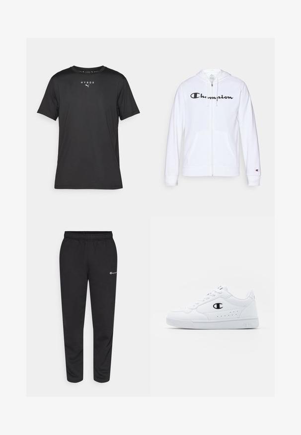 Sweatshirt branca com fecho, feita de tecido macio, apresentando um logótipo preto da "Champion" no peito, bolsos canguru e punhos canelados.; T-shirt desportivo preto de mangas curtas feito de tecido leve. Apresenta um decote redondo e um logo "HYROX" impresso com um emblema Puma na frente.; Calças de moletão pretas feitas de uma mistura de algodão, com um cós elástico e um pequeno logotipo branco no lado esquerdo. Design de pernas afuniladas.; Sapatilhas brancas de desporto com um cabedal sintético liso, detalhes em preto no logótipo e perfurações na lateral. Sola em borracha.