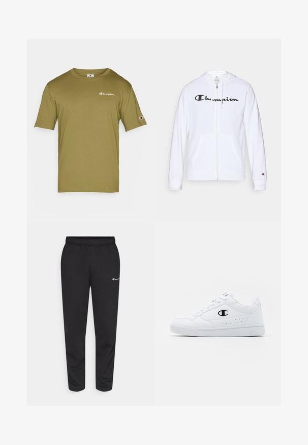 Hanorac alb cu fermoar, fabricat dintr-un material moale, având un logo negru "Champion" pe piept, buzunare tip kangaroo și manșete ribbate.; Champion ICONS CREWNECK WITH SMALL LOGO - Tricou cu imprimeu - olive; Pantaloni de trening negri dintr-un amestec de bumbac, cu un elastic la talie și un mic logo alb pe partea stângă. Design cu picior tapered.; Adidași albi pentru sport, cu o parte superioară din material sintetic neted, accent cu logo negru și detalii perforate pe lateral. Talpă din cauciuc.