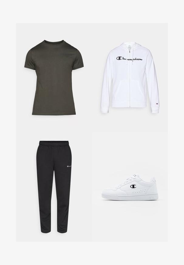 Hanorac alb cu fermoar, fabricat dintr-un material moale, având un logo negru "Champion" pe piept, buzunare tip kangaroo și manșete ribbate.; Tricou de culoare verde măsliniu închis, cu mâneci scurte, guler rotund, fabricat din bumbac moale, cu un logo discret imprimat pe față. Textură netedă, croială casual.; Pantaloni de trening negri dintr-un amestec de bumbac, cu un elastic la talie și un mic logo alb pe partea stângă. Design cu picior tapered.; Adidași albi pentru sport, cu o parte superioară din material sintetic neted, accent cu logo negru și detalii perforate pe lateral. Talpă din cauciuc.
