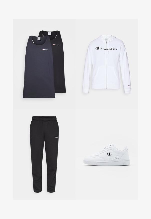 Fehér zipzáros kapucnis felső, puha anyagból készült, fekete "Champion" logóval a mellkasán, kenguruzsebekkel és bordás mandzsettákkal.; Két Champion pántnélküli póló, egyik sötétkék, a másik fekete. Simaságot biztosító anyagból készült, kerek nyakkivágással és a Champion logóval a mellrészen.; Fekete pamutkeverék melegítőnadrág, rugalmas derékkal és egy kis fehér logóval a bal oldalon. Felhúzott lábujjakkal rendelkező fazon.; Fehér sportcipők sima, szintetikus felsőrésszel, fekete logóval és perforált részletekkel az oldalon. Gumi talp.