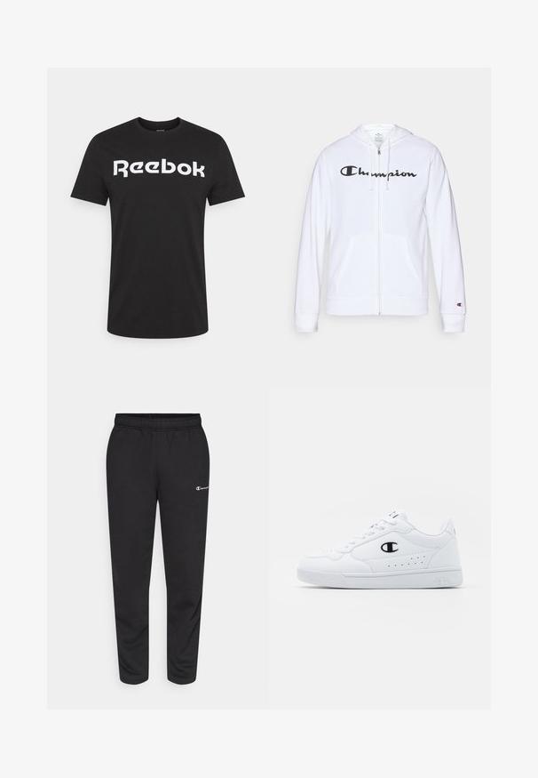 Hvid zip-hoodie lavet af blødt stof, med et sort "Champion" logo på brystet, kængurulommer og ribbede manchetter.; Sort bomulds T-shirt med et stort hvidt "Reebok" logo på tværs af brystet. Kortærmet med rund hals.; Sorte svedbukser lavet af en bomuldsblanding, med elastisk talje og et lille hvidt logo på venstre side. Bukserne har en tapered bendesign.; Hvide atletiske sneakers med en glat syntetisk overdel, sort logoaccent og perforerede detaljer på siden. Gummisål.