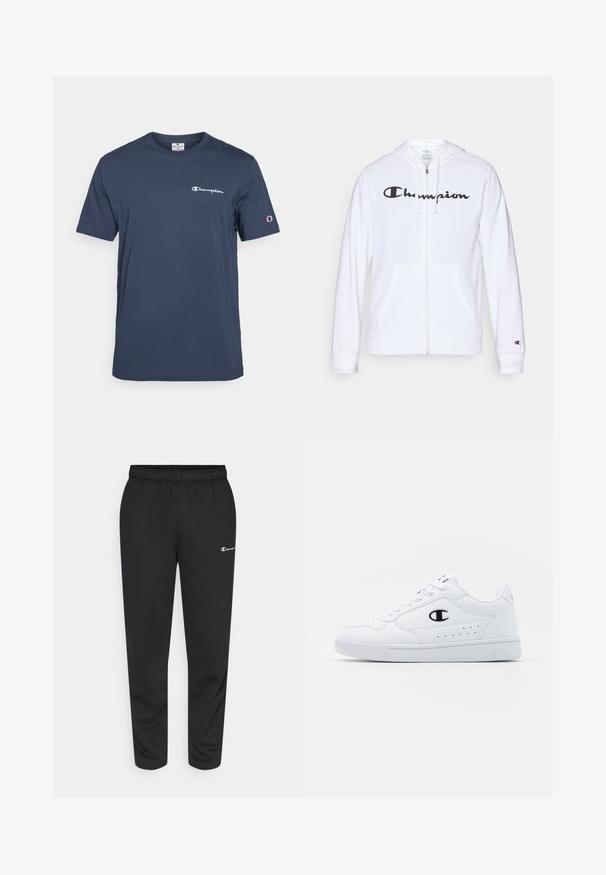Biela zipsová mikina vyrobená z mäkkej tkaniny, s čiernym logom "Champion" na hrudi, klokankovými vreckami a rebrovanými manžetami.; Tmavomodré tričko s krátkym rukávom vyrobené z bavlny, s okrúhlym výstrihom a bielym logom "Champion" na hrudi a rukáve.; Čierne tepláky vyrobené z bavlneného zmesi, s elastickým pásom a malým bielym logom na ľavej strane. Zúžený strih nohavíc.; Biele športové tenisky s hladkým syntetickým zvrškom, čiernym logom a perforovanými detailmi na boku. Gumová podošva.