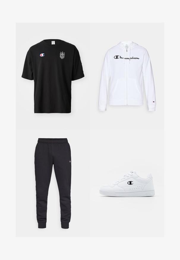 Sweatshirt branca com fecho, feita de tecido macio, apresentando um logótipo preto da "Champion" no peito, bolsos canguru e punhos canelados.; T-shirt de algodão preta, com decote careca, apresentando um logótipo branco com "FOOTBALL CLUB" e duas estrelas acima. O peito esquerdo exibe um emblema vermelho e azul.; Calças de moletão pretas em algodão com uma cintura elástica e punhos. Apresenta detalhe do logotipo na lateral. Textura suave, design ajustado.; Sapatilhas brancas de desporto com um cabedal sintético liso, detalhes em preto no logótipo e perfurações na lateral. Sola em borracha.