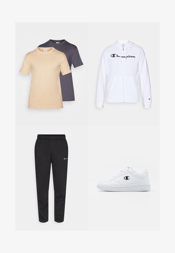 Haut de hoodie zippé blanc en tissu doux, avec un logo "Champion" noir sur la poitrine, des poches kangourou et des poignets côtelés.; Deux t-shirts à manches courtes : un beige clair et un gris foncé. Les deux sont en coton doux, avec un col rond et un design minimaliste.; Pantalon de survêtement noir en mélange de coton, avec une taille élastique et un petit logo blanc sur le côté gauche. Conception à jambes fuselées.; Baskets de sport blanches avec une tige synthétique lisse, accent logo noir et détails perforés sur le côté. Semelle en caoutchouc.