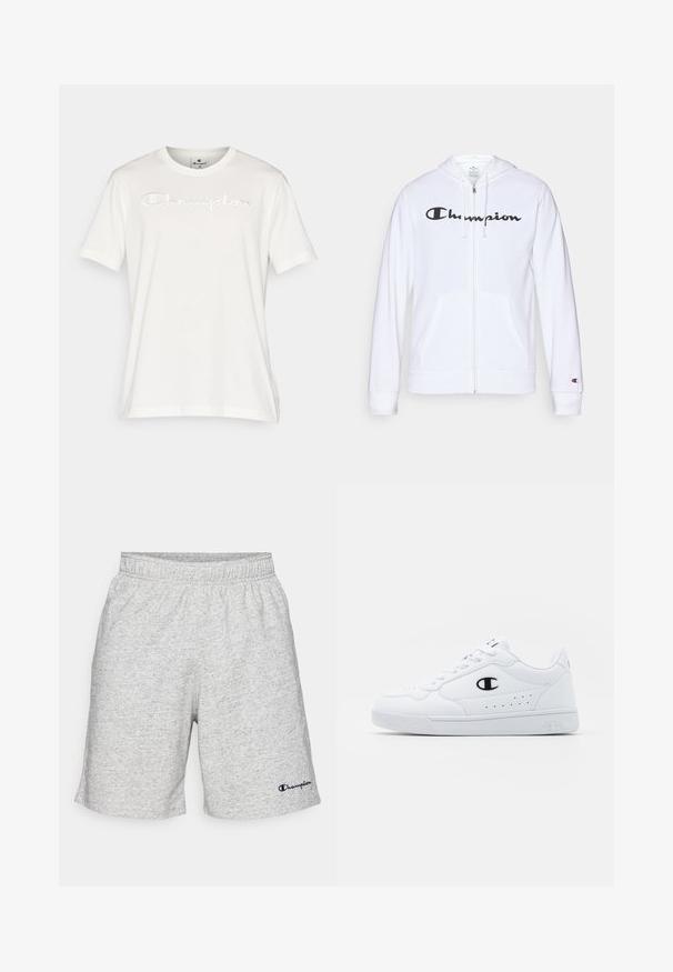 Bela zip-up kapuca iz mehkega materiala, s črnim logotipom "Champion" na prsih, kengurujskimi žepi in rebrastimi manšetami.; Bela bombažna majica s kratkimi rokavi, okrašena z reliefnim logotipom "Champion" čez prsa, zaobljenim izrezom in ravnim robom.; Šortai iz sivega jersija z elastičnim pasom in mornarsko modrim logotipom "Champion" na spodnjem levem robu.; Bela atletska športna obutev z gladkim sintetičnim zgornjim delom, črnimi logotipnimi detajli in perforacijami na strani. Guma podplat.