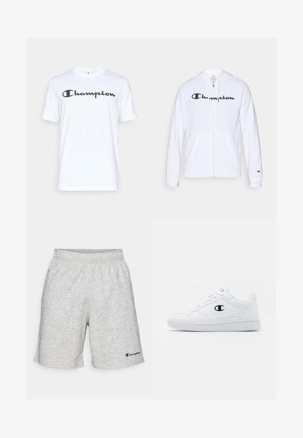 Sweatshirt branca com fecho, feita de tecido macio, apresentando um logótipo preto da "Champion" no peito, bolsos canguru e punhos canelados.; T-shirt branca de algodão com mangas curtas, apresentando um logótipo "Champion" em caligrafia preta na parte frontal. Decote redondo e corte descontraído.; Calções de material jersey cinza com um cós elástico e um logótipo da "Champion" azul-marinho no canto inferior esquerdo.; Sapatilhas brancas de desporto com um cabedal sintético liso, detalhes em preto no logótipo e perfurações na lateral. Sola em borracha.