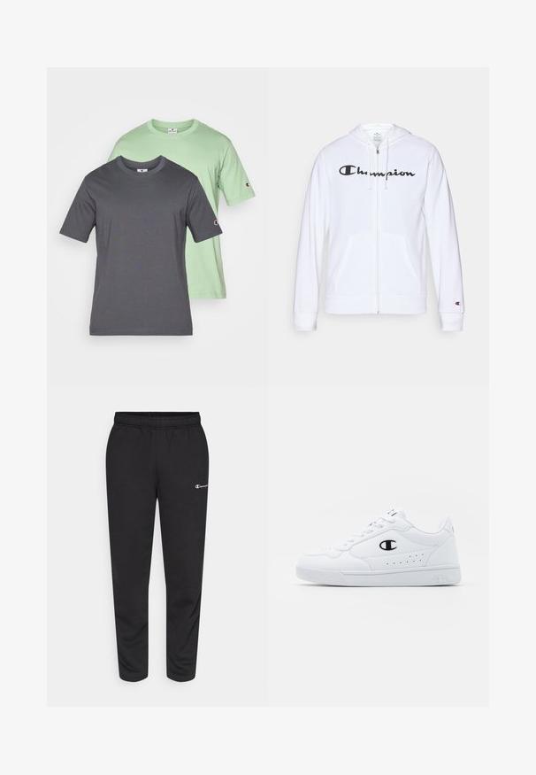Haut de hoodie zippé blanc en tissu doux, avec un logo "Champion" noir sur la poitrine, des poches kangourou et des poignets côtelés.; Deux t-shirts à manches courtes, un gris et un vert menthe, en coton avec des cols ronds et un logo sur les manches gauches.; Pantalon de survêtement noir en mélange de coton, avec une taille élastique et un petit logo blanc sur le côté gauche. Conception à jambes fuselées.; Baskets de sport blanches avec une tige synthétique lisse, accent logo noir et détails perforés sur le côté. Semelle en caoutchouc.