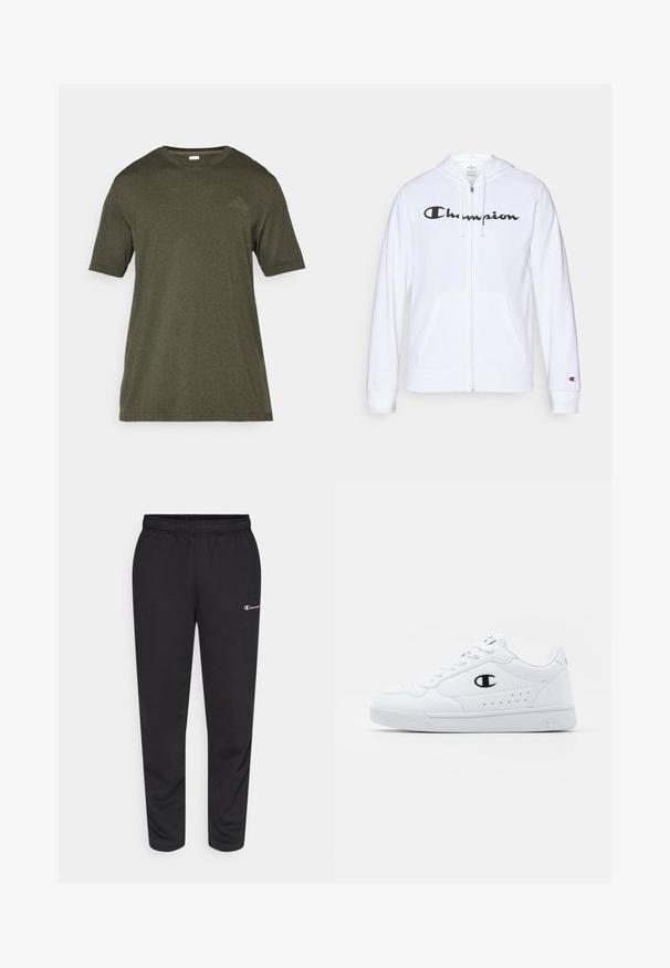 Fehér zipzáros kapucnis felső, puha anyagból készült, fekete "Champion" logóval a mellkasán, kenguruzsebekkel és bordás mandzsettákkal.; Olive zöld, rövid ujjú póló, puha, textúrált anyagból készült, kerek nyakkivágással; az mellkason diszkrét logó található.; Fekete pamutkeverék melegítőnadrág, rugalmas derékkal és egy kis fehér logóval a bal oldalon. Felhúzott lábujjakkal rendelkező fazon.; Fehér sportcipők sima, szintetikus felsőrésszel, fekete logóval és perforált részletekkel az oldalon. Gumi talp.