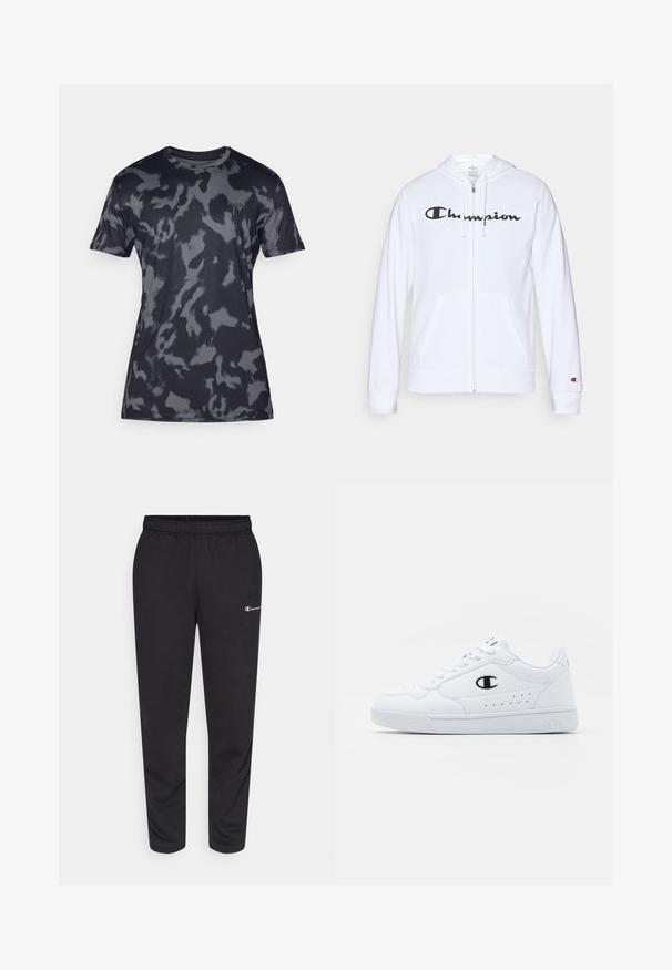 Hvit zip-up hettegenser laget av myk stoff, med en svart "Champion" logo på brystet, kengurulommer og ribbede mansjetter.; Grå camo kortermet t-skjorte laget av glatt, lett stoff; har rund hals og subtil merkevare på fronten.;  svarte sweatpants laget av en bomullsblanding, med elastisk midjebånd og en liten hvit logo på venstre side. Tapered ben design.; Hvite atletiske joggesko med en glatt syntetisk overdel, svart logo-akcent og perforerte detaljer på siden. Gummisåle.