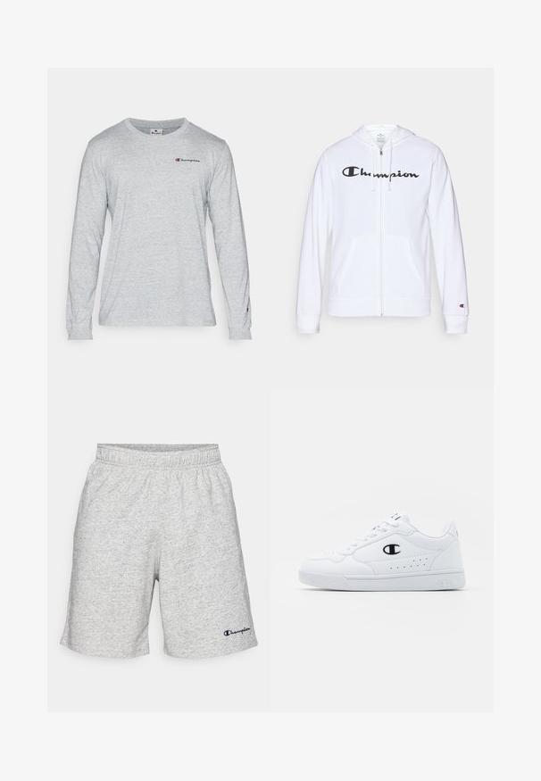 Fehér zipzáros kapucnis felső, puha anyagból készült, fekete "Champion" logóval a mellkasán, kenguruzsebekkel és bordás mandzsettákkal.; Champion ICONS CREWNECK LONG SLEEVE - Hosszú ujjú felső - grey; Szürke pamut anyagú rövidnadrág, elasztikus derékpánttal, a bal alsó részen kék "Champion" logóval.; Fehér sportcipők sima, szintetikus felsőrésszel, fekete logóval és perforált részletekkel az oldalon. Gumi talp.