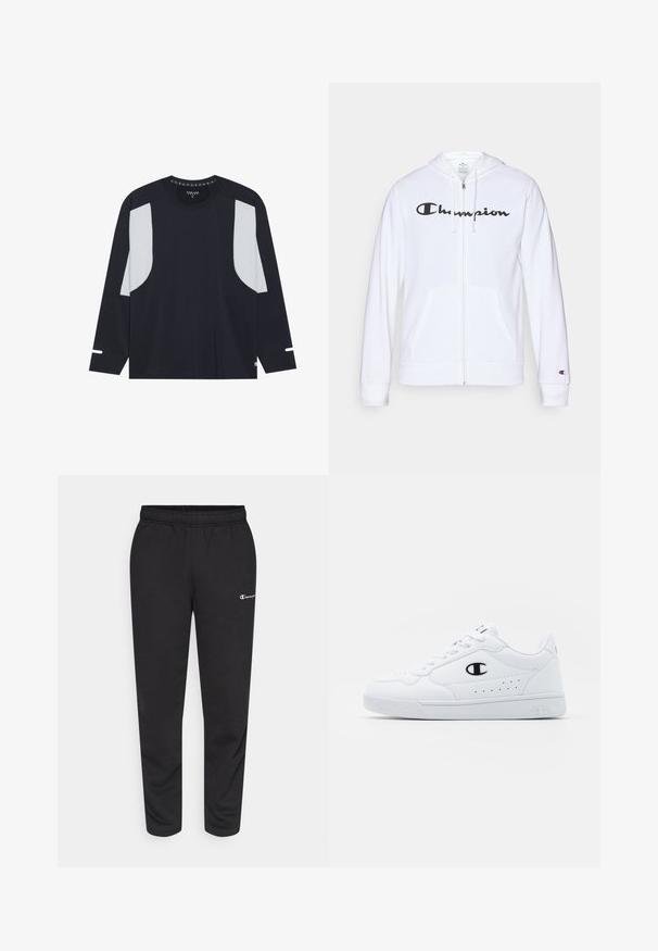 Fehér zipzáros kapucnis felső, puha anyagból készült, fekete "Champion" logóval a mellkasán, kenguruzsebekkel és bordás mandzsettákkal.; Hosszú ujjú atlétikai póló sötétkék színben, világosszürke hálós panelek a vállakon, kerek nyakkivágás és diszkrét fehér díszítőelemek az ujjain. Puha, lélegző anyag.; Fekete pamutkeverék melegítőnadrág, rugalmas derékkal és egy kis fehér logóval a bal oldalon. Felhúzott lábujjakkal rendelkező fazon.; Fehér sportcipők sima, szintetikus felsőrésszel, fekete logóval és perforált részletekkel az oldalon. Gumi talp.