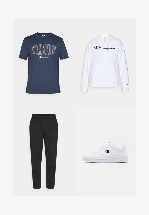 Hvid zip-hoodie lavet af blødt stof, med et sort "Champion" logo på brystet, kængurulommer og ribbede manchetter.; Marineblå bomulds T-shirt med korte ærmer, prydet med "CHAMPION" i store hvide bogstaver hen over brystet og et broderet logo på ærmet.; Sorte svedbukser lavet af en bomuldsblanding, med elastisk talje og et lille hvidt logo på venstre side. Bukserne har en tapered bendesign.; Hvide atletiske sneakers med en glat syntetisk overdel, sort logoaccent og perforerede detaljer på siden. Gummisål.