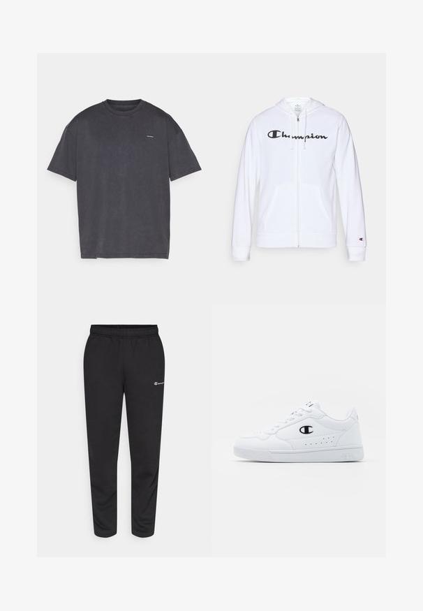 Biela zipsová mikina vyrobená z mäkkej tkaniny, s čiernym logom "Champion" na hrudi, klokankovými vreckami a rebrovanými manžetami.; Tmavosivá tričko s krátkym rukávom, vyrobené z bavlny, s okrúhlym výstrihom a malým logom na prednej strane. Mäkko textúrované a uvoľneného strihu.; Čierne tepláky vyrobené z bavlneného zmesi, s elastickým pásom a malým bielym logom na ľavej strane. Zúžený strih nohavíc.; Biele športové tenisky s hladkým syntetickým zvrškom, čiernym logom a perforovanými detailmi na boku. Gumová podošva.