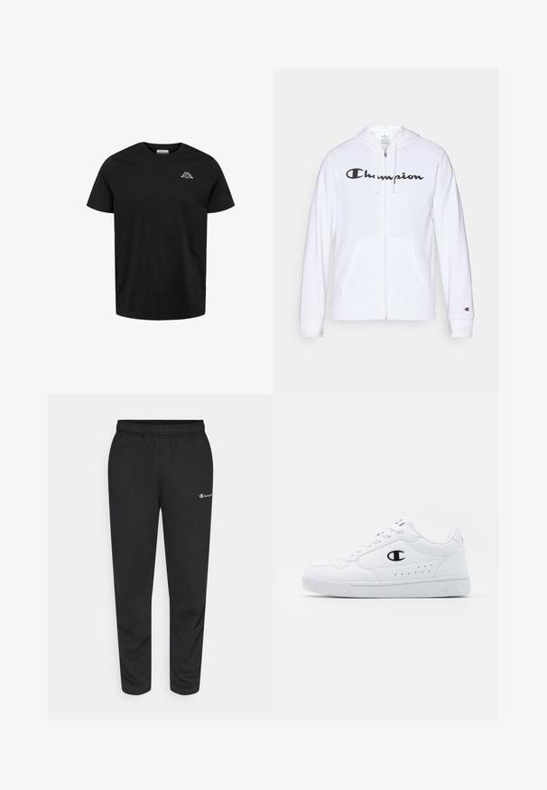 Hvit zip-up hettegenser laget av myk stoff, med en svart "Champion" logo på brystet, kengurulommer og ribbede mansjetter.; Kappa CAFERS - T-shirts - black; svarte sweatpants laget av en bomullsblanding, med elastisk midjebånd og en liten hvit logo på venstre side. Tapered ben design.; Hvite atletiske joggesko med en glatt syntetisk overdel, svart logo-akcent og perforerte detaljer på siden. Gummisåle.