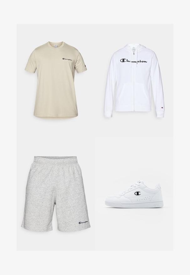 Vit zip-up hoodie i mjukt tyg, med en svart "Champion"-logotyp på bröstet, kängurufickor och ribbad mudd.; Beige kortärmad T-shirt i bomull, med en svart "Champion"-logotyp på vänster bröst och en liten logotyp på höger ärm.; Grå shorts i jersey-material med ett elastiskt midjeband och en marinblå "Champion"-logotyp på nedre vänstra sidan.; Vita atletiska sneakers med en slät syntetisk ovandel, svart logotypdetalj och perforerade detaljer på sidan. Gummisula.