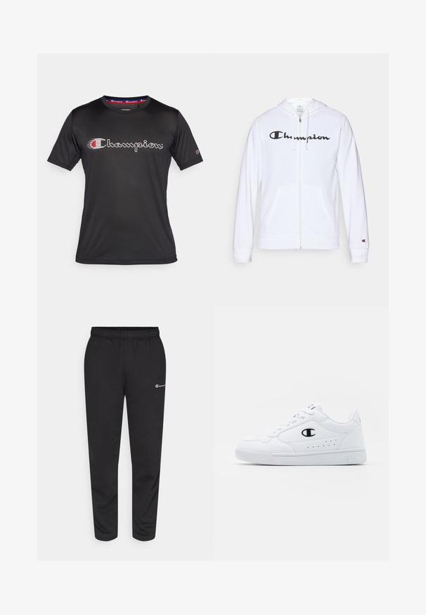 Balts zip-up džemperis, izgatavots no mīkstas auduma, ar melnu "Champion" logotipu uz krūtīm, kengura kabatām un ribotām piedurknēm.; Champion TECH CREWNECK TRAIN LARGE LOGO - Apdrukāts T-krekls - black; Melni sporta bikses, izgatavotas no kokvilnas maisījuma, ar elastīgu jostasvietu un mazu baltu logo kreisajā pusē. Šauras kāju formas dizains.; Baltas sporta apavi ar gludu sintētisku augšdaļu, melnu logotipa akcentu un perforētu apdari sānos. Gumijas zole.