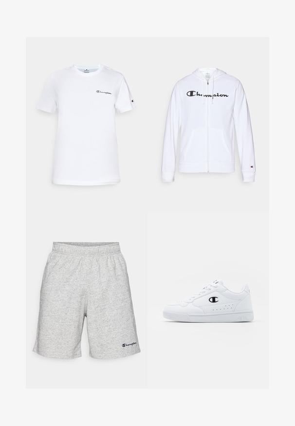 Biała bluza z kapturem na zamek, wykonana z miękkiego materiału, z czarnym logo "Champion" na piersi, kieszeniami kangurzymi i ściagaczami na rękawach.; Biała bawełniana koszulka z okrągłym dekoltem, krótkimi rękawami oraz czarnym haftowanym logo "Champion" na piersi i akcentem na rękawie.; Szare szorty z dzianiny z elastycznym pasem i granatowym logo "Champion" na dolnej lewej stronie.; Białe sportowe sneakersy z gładką syntetyczną cholewką, czarnym akcentem logo i perforowanymi detalami po boku. Gumowa podeszwa.