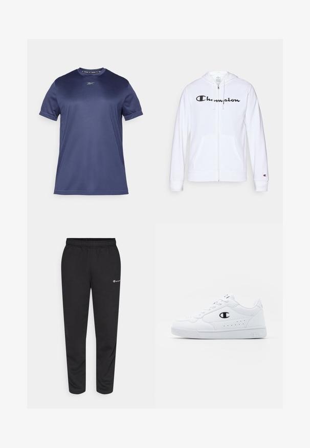 Balts zip-up džemperis, izgatavots no mīkstas auduma, ar melnu "Champion" logotipu uz krūtīm, kengura kabatām un ribotām piedurknēm.; Samarīz zilas krāsas īsām piedurknēm sporta krekls, kas izgatavots no gluda, elastīga auduma. Tam ir apaļa kakla izgriezuma forme un diskreta logo uz krūtīm.; Melni sporta bikses, izgatavotas no kokvilnas maisījuma, ar elastīgu jostasvietu un mazu baltu logo kreisajā pusē. Šauras kāju formas dizains.; Baltas sporta apavi ar gludu sintētisku augšdaļu, melnu logotipa akcentu un perforētu apdari sānos. Gumijas zole.