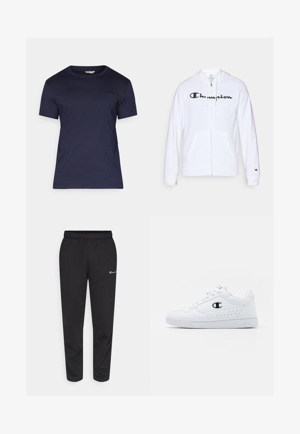 Sweatshirt branca com fecho, feita de tecido macio, apresentando um logótipo preto da "Champion" no peito, bolsos canguru e punhos canelados.; T-shirt de manga curta azul marinho em tecido suave, com design de gola redonda e um discreto logótipo preto "BORG" no peito. Apresenta um corte descontraído.; Calças de moletão pretas feitas de uma mistura de algodão, com um cós elástico e um pequeno logotipo branco no lado esquerdo. Design de pernas afuniladas.; Sapatilhas brancas de desporto com um cabedal sintético liso, detalhes em preto no logótipo e perfurações na lateral. Sola em borracha.
