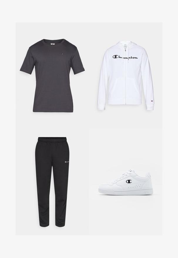Hvid zip-hoodie lavet af blødt stof, med et sort "Champion" logo på brystet, kængurulommer og ribbede manchetter.; Mørkegrå kortærmet t-shirt, rund halsudskæring, blødt stof, med et lille logo på brystet og et accentueret logo på ærmet.; Sorte svedbukser lavet af en bomuldsblanding, med elastisk talje og et lille hvidt logo på venstre side. Bukserne har en tapered bendesign.; Hvide atletiske sneakers med en glat syntetisk overdel, sort logoaccent og perforerede detaljer på siden. Gummisål.