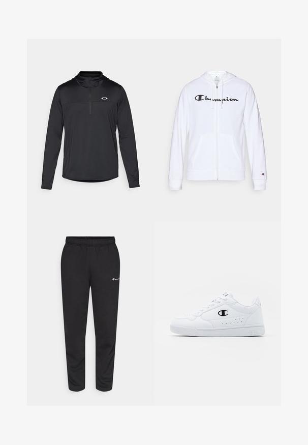 White zip-up hoodie made of soft fabric, featuring a black "Champion" logo on the chest, kangaroo pockets, and ribbed cuffs.; Black long-sleeve pullover with a hood, featuring a quarter zip and a subtle logo on the chest, made from lightweight, breathable fabric.; Black sweatpants made of cotton blend, featuring an elastic waistband and a small white logo on the left side. Tapered leg design.; White athletic sneakers with a smooth synthetic upper, black logo accent, and perforated detailing on the side. Rubber sole.