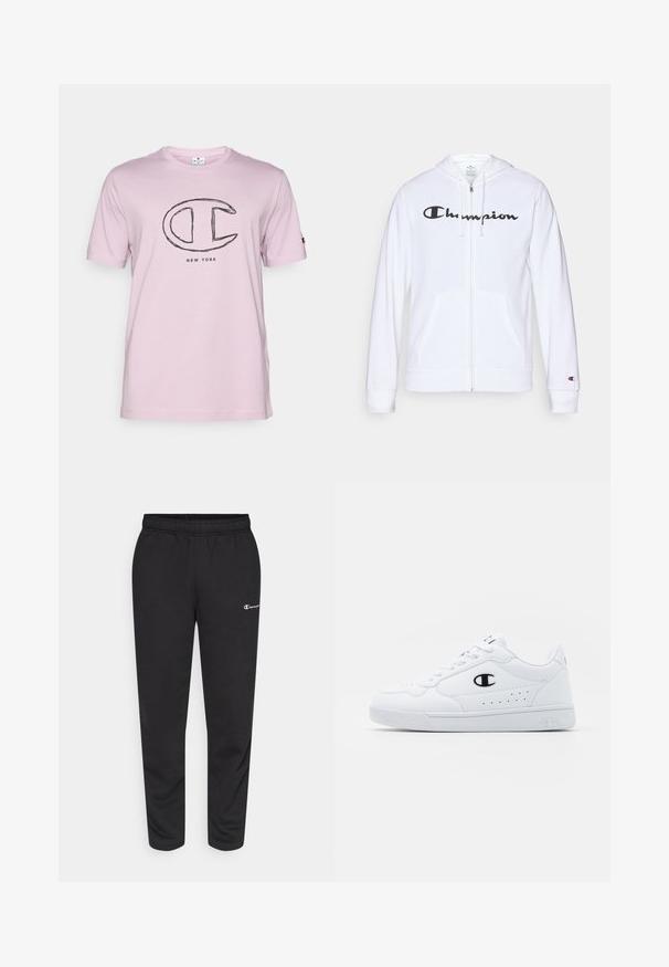 Hvid zip-hoodie lavet af blødt stof, med et sort "Champion" logo på brystet, kængurulommer og ribbede manchetter.; Lys pink bomulds t-shirt med korte ærmer og et stort sort broderet "C" logo, som der står "NEW YORK" under.; Sorte svedbukser lavet af en bomuldsblanding, med elastisk talje og et lille hvidt logo på venstre side. Bukserne har en tapered bendesign.; Hvide atletiske sneakers med en glat syntetisk overdel, sort logoaccent og perforerede detaljer på siden. Gummisål.