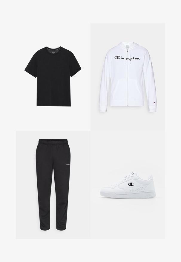Valge tõmbluku eest avanev kapuutsiga pusa, mis on valmistatud pehmest kangast. Ees on must "Champion" logo, taskud on nagu känguru taskud ja varrukaotsad on soonilised.; Mustmust t-särk ümmarguse kaelusega, lühikeste varrukatega ja lihtsa disainiga. Kaeluse ääres on väikesed detailid.; Mustast puuvillasegustest spordipükstest, millel on elastne vöökoht ja väike valge logo vasakul küljel. Kitsenev jalaosa disain.; Valged spordijalatsid, millel on sile sünteetiline pealmine osa, must logo aktsent ja perforatsioonid külgedel. Kummikreen.