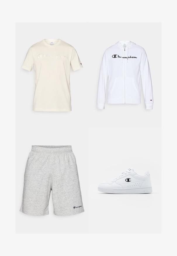 Weißer Reißverschluss-Hoodie aus weichem Stoff, mit einem schwarzen "Champion"-Logo auf der Brust, Kängurutaschen und gerippten Bündchen.; Cremfarbener Baumwoll-T-Shirt mit kurzen Ärmeln, mit dem in einem etwas dunkleren Farbton gestickten "Champion"-Logo über der Brust.; Graue Jersey-Shorts mit elastischem Bund und einem marineblauen "Champion"-Logo auf der unteren linken Seite.; Weißes sportliches Sneakerpaar mit glattem, synthetischen Obermaterial, schwarzem Logo-Akzent und perforierten Details an der Seite. Gummisohle.