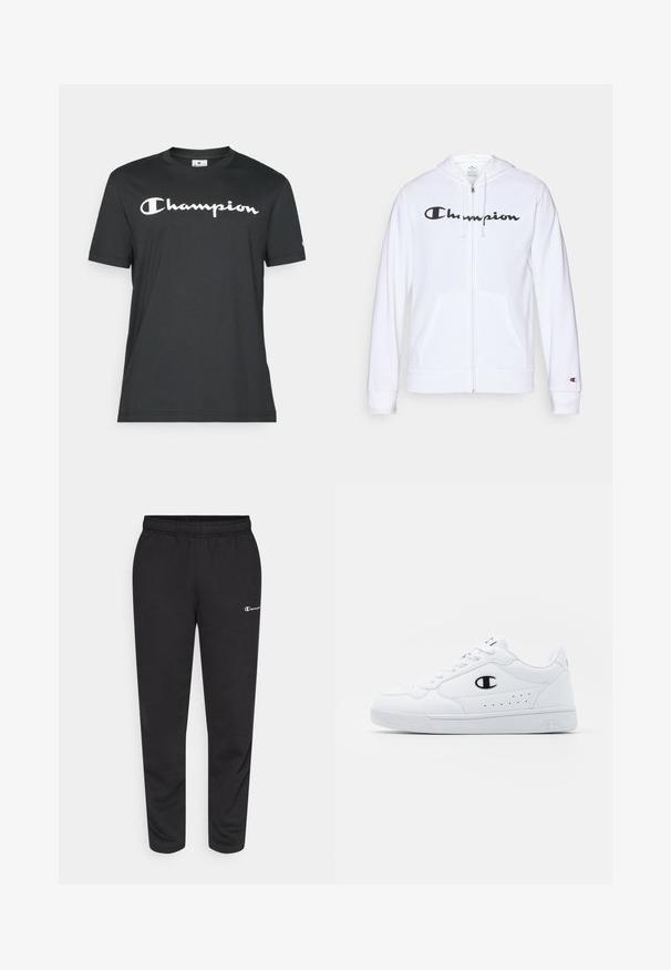Sweatshirt branca com fecho, feita de tecido macio, apresentando um logótipo preto da "Champion" no peito, bolsos canguru e punhos canelados.; T-shirt de algodão preto com mangas curtas e decote redondo. Apresenta um logo branco "Champion" impresso na parte frontal.; Calças de moletão pretas feitas de uma mistura de algodão, com um cós elástico e um pequeno logotipo branco no lado esquerdo. Design de pernas afuniladas.; Sapatilhas brancas de desporto com um cabedal sintético liso, detalhes em preto no logótipo e perfurações na lateral. Sola em borracha.