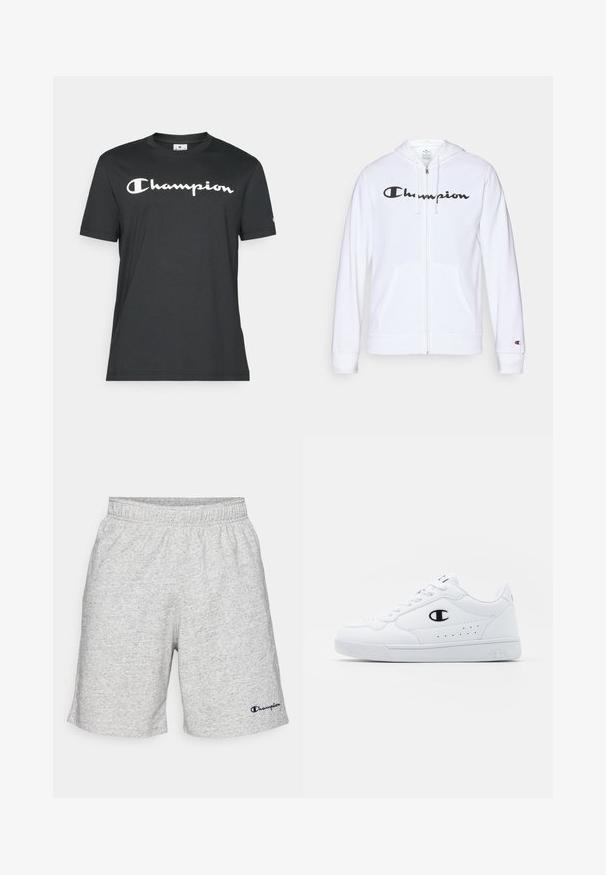 Bijela zip-up dukserica izrađena od mekog materijala, s crnim "Champion" logotipom na prsima, kengur džepovima i rebrastim manžetama.; Crna pamučna majica s kratkim rukavima i okruglim izrezom. Ima bijeli otisak "Champion" loga preko prsa.; Šortsevi od sivog džersija s elastičnom gumom u struku i mornarsko plavim "Champion" logotipom na donjoj lijevoj strani.; Bijele atletske tenisice s glatkim sintetičkim gornjištem, crnim logotipom i perforiranim detaljima sa strane. Guma potplat.