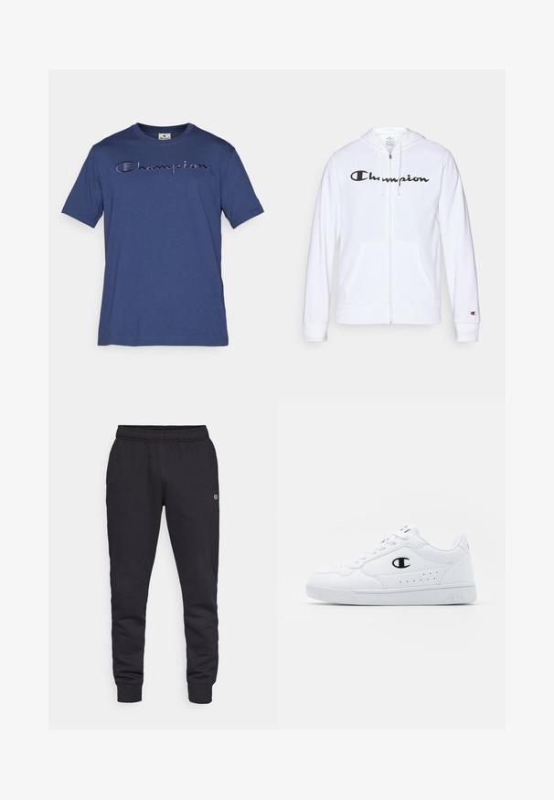 Bílá mikina na zip vyrobená z měkké tkaniny, s černým logem "Champion" na hrudi, kapsami ve tvaru klokaní kapsy a žebrovanými manžetami.; Námořnická modrá bavlněná tričko s krátkými rukávy, zdobené vyšívaným logem "Champion" v světlejším odstínu přes hruď.; Černé bavlněné tepláky s elastickým pasem a manžetami. Obsahují detail loga na boku. Hladká textura, zúžený střih.; Bílé sportovní tenisky s hladkým syntetickým svrškem, černým logem a perforovanými detaily po stranách. Gumová podrážka.