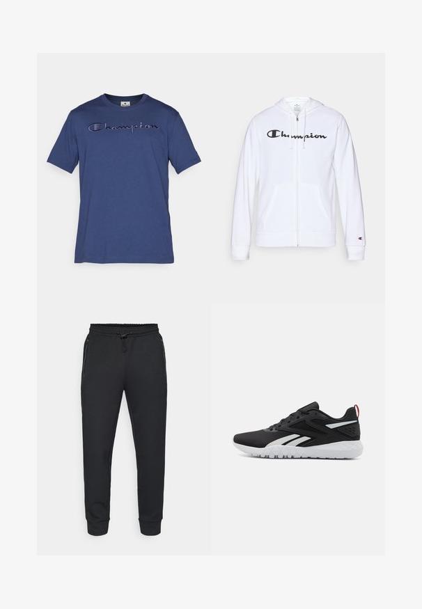 Balta užtrauktuku užsegama džemperis, pagamintas iš minkštos medžiagos, su juodu "Champion" logotipu krūtinėje, kengūrų tipo kišenėmis ir ribotu rankogaliais.; Tamsiai mėlyna medvilninė marškinėliai su trumpomis rankovėmis, su išsiuvinėtu "Champion" logotipu šviesesnio atspalvio per krūtinę.; Juodi sportiniai kelnes su raišteliu elastiniu juosmeniu, šoninėmis užtrauktukų kišenėmis ir susiraukšlėjusiais rankogaliais. Pagamintos iš minkštos, tekstūruotos medžiagos.; Juodi sportiniai batai su tinkliniu viršumi, baltais akcentais, tekstūruotu padu ir raudona kulno juostele, kuri prideda papildomų detalių.