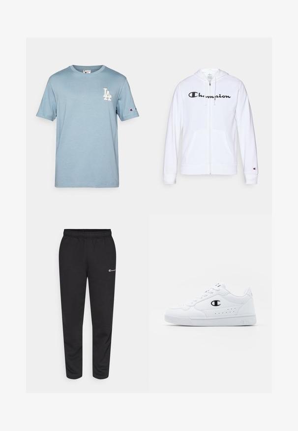 Bela zip-up kapuca iz mehkega materiala, s črnim logotipom "Champion" na prsih, kengurujskimi žepi in rebrastimi manšetami.; Svijetloplavi pamučni majica kratkih rukava, okruglasti izrez, izvezeni "LA" logotip na prsima i Champion logotip na rukavu.; Črne trenirke iz mešanice bombaža, ki imajo elastičen pas in majhen bel logotip na levi strani. Zasnova zoženih hlač.; Bela atletska športna obutev z gladkim sintetičnim zgornjim delom, črnimi logotipnimi detajli in perforacijami na strani. Guma podplat.