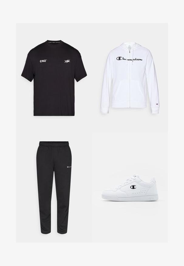 Hvid zip-hoodie lavet af blødt stof, med et sort "Champion" logo på brystet, kængurulommer og ribbede manchetter.; Sort t-shirt med korte ærmer lavet af bomuld. Har hvid tekst "CNZ" og et stiliseret logo på forsiden. Enkel rund hals design.; Sorte svedbukser lavet af en bomuldsblanding, med elastisk talje og et lille hvidt logo på venstre side. Bukserne har en tapered bendesign.; Hvide atletiske sneakers med en glat syntetisk overdel, sort logoaccent og perforerede detaljer på siden. Gummisål.