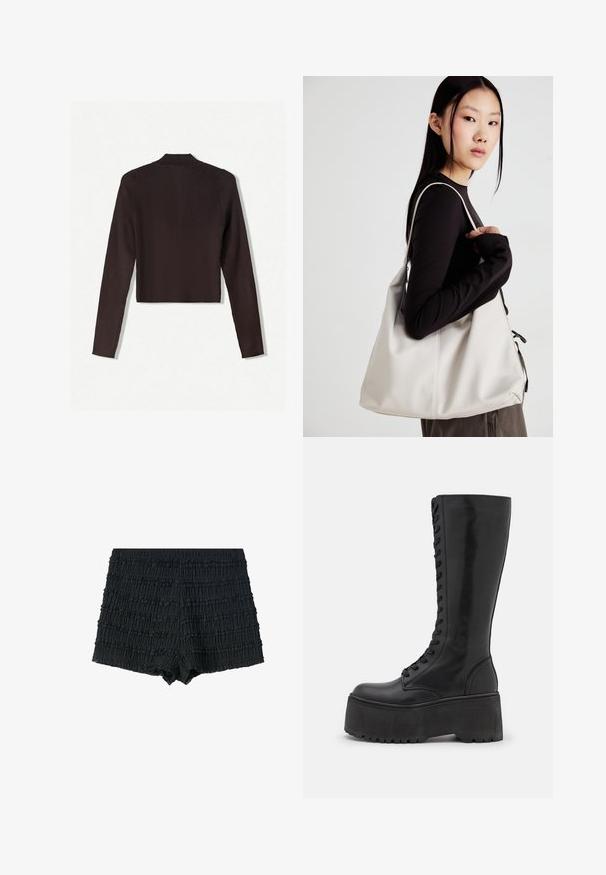 Bershka Kardigán - dark brown; Biely bezrukávový top s okrúhlym výstrihom. Vyrobený z hladkého materiálu, má uvoľnený strih a minimalistický dizajn. Žiadne vzory alebo akcenty.; Čierne šortky s textúrovanou, pokrčenou tkaninou, ktorá obsahuje horizontálne volániky a zúbkovaný lem. Elastický pás pre pohodlné nosenie a dobré prispôsobenie.; Zign LEATHER - Čižmy na šnurovanie - black; Béžová kabelka vyrobená z mäkkého materiálu, s uvoľneným dizajnom, prišitými detailmi a dvoma popruhmi na nosenie na pleciach. Vhodná na každodenné nosenie.