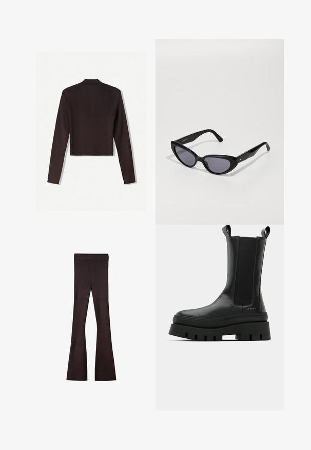 Bershka Jopica - dark brown; Bela majica brez rokavov z rebrasto teksturo, ki ima črn rob ob izrezu in obročih za roke. Preprost, brezrokaven dizajn.; Bershka Hlače - dark brown; Črne gležnjarje z gladko usnjeno površino, elastičnimi stranskimi paneli in debelim, teksturiranim podplatom, ki vsebuje logotip.; Črne mačkaste sončne očala s temnimi lečami. Narejena iz sijajnega plastike, z diskretnim zlatim poudarkom na ščitu. Gladka tekstura in drzna oblika.