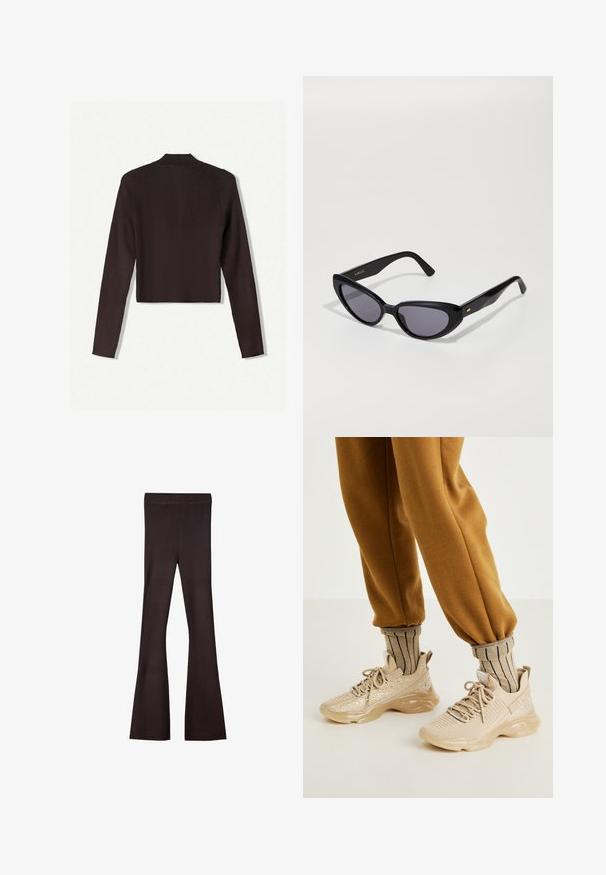 Bershka Kardigán - dark brown; Biela tielko s rebrovým povrchom, s čiernymi obrami pozdĺž výstrihu a otvorov na ramenách. Jednoduchý, bezrukávový dizajn.; Bershka Nohavice - dark brown; Béžové športové topánky s priehľadnou sieťovinou, dekoratívnymi trblietkami a hrubou gumovou podrážkou. V kombinácii so zeleno-béžovými pruhovanými ponožkami a hnedými joggerskými nohavicami.; Čierne slnečné okuliare v štýle mačacích očí s tmavými sklami. Vyrobené z lesklého plastu, s jemným zlatým akcentom na spánku. Hladký povrch a výrazný tvar.