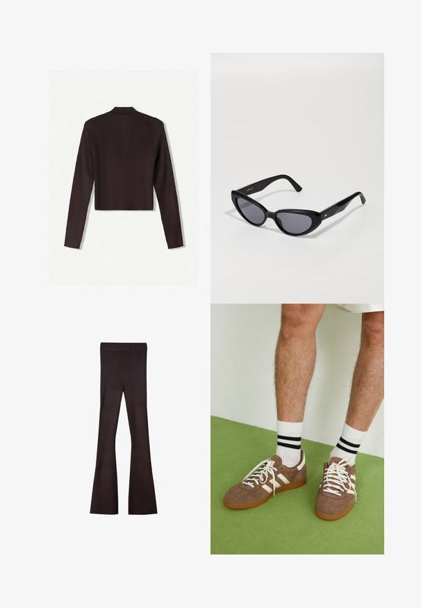 Bershka Cardigan - dark brown; White tank top with a ribbed texture, featuring black trim along the neckline and armholes. Simple, sleeveless design.; Bershka Trousers - dark brown; Brown suede sneakers with white accents and laces. Rubber gum sole. Worn with white socks featuring black stripes. Green textured flooring.; Black cat-eye sunglasses with dark lenses. Made of glossy plastic, featuring a subtle gold accent on the temple. Smooth texture and bold shape.