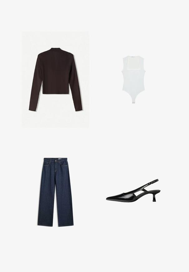 Bershka Jopica - dark brown; Bela bodisu s kvadratnim izrezom, brezrokavni dizajn, gladka tekstura in zapiranje na dnu s pritisnim gumbom. Preprost in minimalističen slog.; Široke temne kavbojke z visokim pasom, petimi žepi, vidnimi šivi in gumbom za zapiranje. Imajo ravno prileganje in lažjo obrabo.; Črne patentični usnjeni salonarji s slingback designom, z zašiljenim nosom, izrezanim stranskim dizajnom in majhnim kvadratnim peto. Gladka tekstura z minimalnimi detajli.